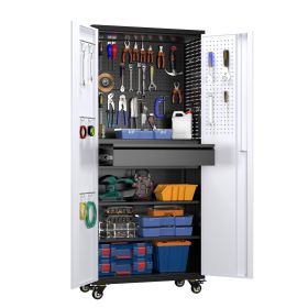 71 Inch High Metal Storage Cabinet On Wheels With 5 Pegboards And 1 Drawer, Lockable Steel Tool Cabinet For Garage, Warehouse, Assembly Required,