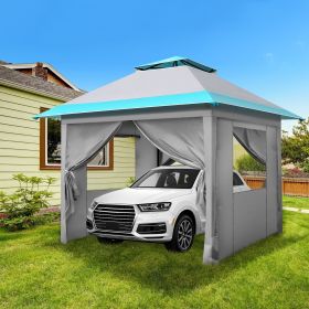 3x3m Light Blue White One Click Open Right Angle Belt With 4 Sides Of Surrounding Cloth, Double Roof Overhanging Eaves, 4 Corners With Sandbags,