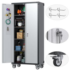 72 Inch Garage Storage Cabinet With Pegboard And Wheels, 4 Hooks And 4 Adjustable Shelves, Lockable Rolling Cabinet, Home, Office, Garage