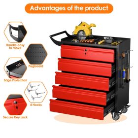 Metal Rolling Tool Box With 5 Drawers And Lock Tool Storage Cabinet With Lockable Wheels For Garage Warehouse Assembly Required Black Red