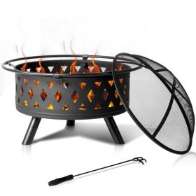 32in Round Shape With Lifting Ring, Mesh Lid, Diamond Holes, Wood-burning Brazier, Wrought Iron, Black