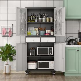 Metal Storage Cabinet With 2 Locking Drawer And Pegboard, Steel Rolling Tool Cabinet With 8 Hooks And 2 Adjustable Shelves For Garage, Home, Office, K