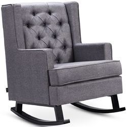 Retro Fabric Upholstered Button-Tufted Wingback Rocking Chair