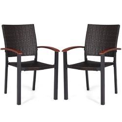 2 pcs Patio Dining Armchair Stackable Rattan Wicker Chairs