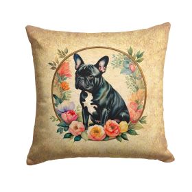 Black French Bulldog and Flowers Throw Pillow Machine Washable, Indoor Outdoor Decorative Pillow for Couch, Bed or Patio, 14Hx14W