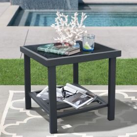Modern Square End Tables for Living Room; Rustic Aluminum Outdoor Side Table with Storage Space; Patio Tempered Glass Accent Table; 17.7'' x 17.7