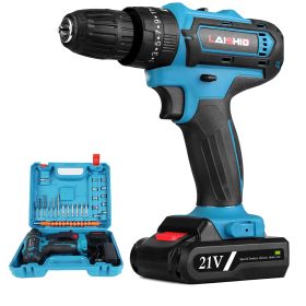 1Pack Cordless Drill Set With 2Pcs 21V Batteries And Charger 2 Variable Speeds Keyless Chuck 265lnLbs 25 And 3 Torque Positions Included 24Pcs Dr (Color: Blue)