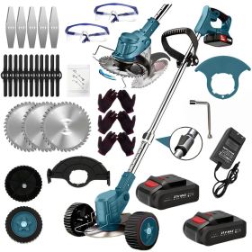 21V Electric Weed Eater With Wheels,Cordless Battery Weed Wacker With Charger, 2Batteries,3 In 1 Brush Cutter String Trimmer Grass Trimmer Lawn M (Color: Blue)